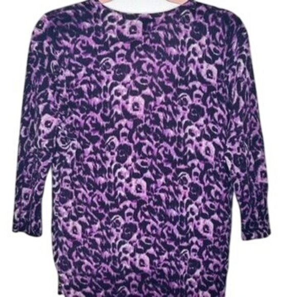 Talbots Italian Merino Wool V-Neck 3/4 Sleeve Leopard Button Cardigan Womens LP - Picture 2 of 8